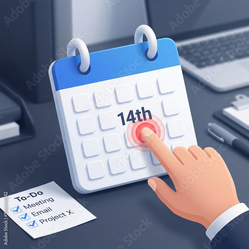 A finger marking a specific date on a clean 3D-style calendar icon with a red circle copy