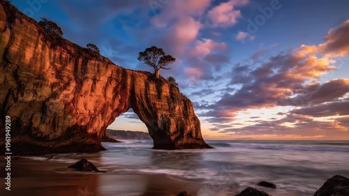 Sunset Over Coastal Arch Rock Formation.