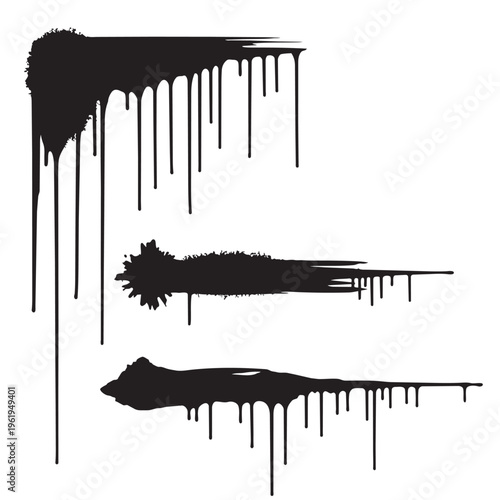 Black ink drips vector illustration set with smears and splatters