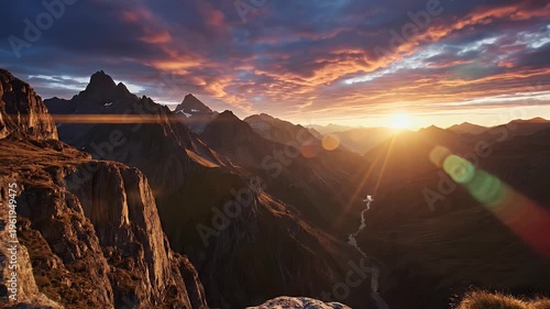 Sunrise Over Mountain Canyon at Golden Hour Scene.