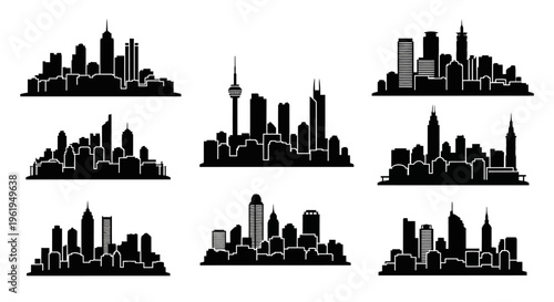 Diverse City Skylines Silhouette Collection: Modern Urban Architecture and Cityscapes