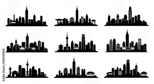 Diverse City Skylines Silhouettes Collection: Asian and Modern Architecture