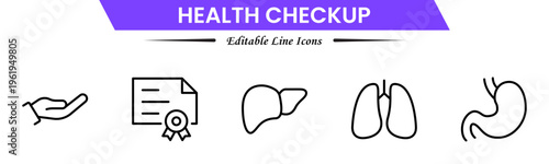 Health checkup icons depicting medical exams, diagnostics, stethoscope, heartbeat, clinic, doctor consultation, tests, reports, wellness, prevention, monitoring, screening, healthcare, and appointment