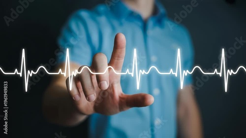 Hand interacting with a single heartbeat waveform hologram icon 