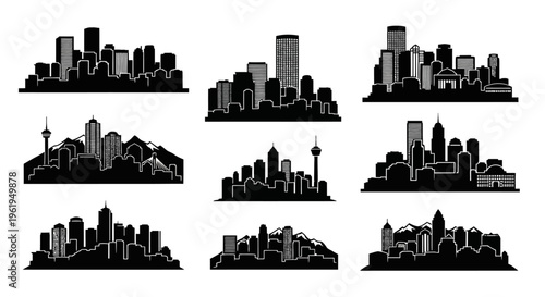 Diverse Cityscape Silhouettes Collection: Urban Skylines, Buildings, and Landmarks