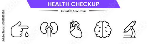 Health checkup icons depicting medical exams, diagnostics, stethoscope, heartbeat, clinic, doctor consultation, tests, reports, wellness, prevention, monitoring, screening, healthcare, and appointment