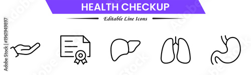 Health checkup icons depicting medical exams, diagnostics, stethoscope, heartbeat, clinic, doctor consultation, tests, reports, wellness, prevention, monitoring, screening, healthcare, and appointment
