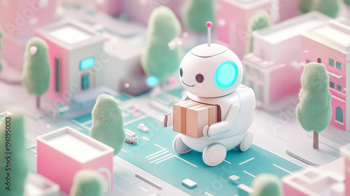 Cute white robot courier delivering a cardboard box package in a stylized pastel miniature isometric 3D city street with pink buildings and teal roads