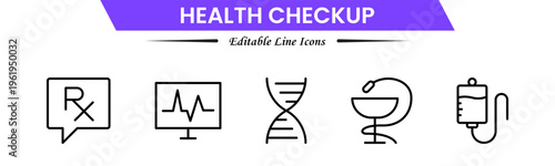 Health checkup icons depicting medical exams, diagnostics, stethoscope, heartbeat, clinic, doctor consultation, tests, reports, wellness, prevention, monitoring, screening, healthcare, and appointment