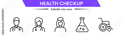 Health checkup icons depicting medical exams, diagnostics, stethoscope, heartbeat, clinic, doctor consultation, tests, reports, wellness, prevention, monitoring, screening, healthcare, and appointment