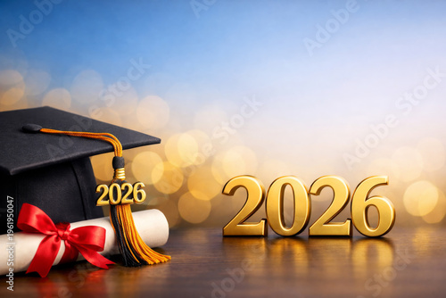 Class of 2026 academic hat with tassel and scroll against glowing lights. Graduation ceremony banner.