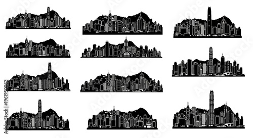 Hong Kong Skyline Silhouette Collection: Diverse Cityscape Vector Art