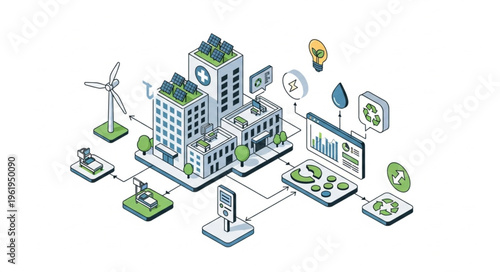 Isometric Smart City Infrastructure with Renewable Energy and Sustainable Technologies.
