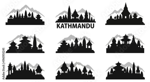 Kathmandu Cityscape Silhouette with Mountains, Nepal Temples and Pagodas