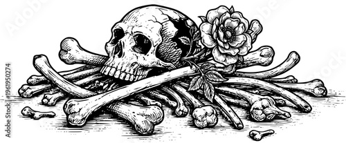 Vintage Skull and Crossbones with Rose Vector Engraving  Memento Mori Tattoo Design