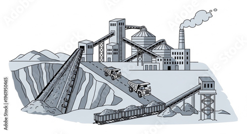 Illustration of a coal mine with processing plant and railway.