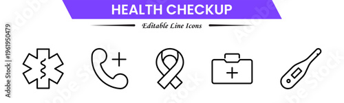 Health checkup icons depicting medical exams, diagnostics, stethoscope, heartbeat, clinic, doctor consultation, tests, reports, wellness, prevention, monitoring, screening, healthcare, and appointment