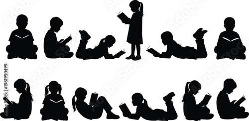 Black silhouette vector set of children and students sitting and lying down while reading books for education and literacy concepts.