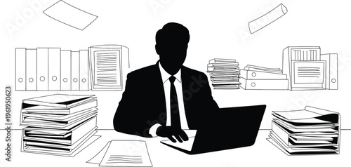 Busy office worker silhouette, paperwork overload illustration, laptop desk scene, document stacks, stressful workplace, corporate task management, productivity challenge, minimal design