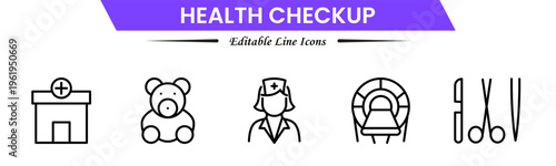 Health checkup icons depicting medical exams, diagnostics, stethoscope, heartbeat, clinic, doctor consultation, tests, reports, wellness, prevention, monitoring, screening, healthcare, and appointment