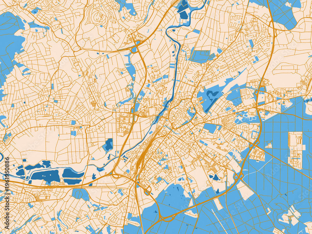 Naklejka premium Minimal city map of Giessen, Germany with golden linework with blue water