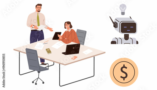Two Colleagues Discussing Financial Documents at a Boardroom Table with a Robot and Coin Icon Symbolizing Automation and Success