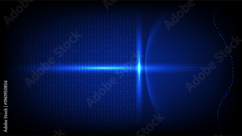 Abstract technology background featuring binary data stream, digital wave and glowing light effects