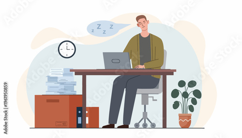 Tired businessman struggling with work exhaustion at his desk, feeling sleepy and overwhelmed with tasks