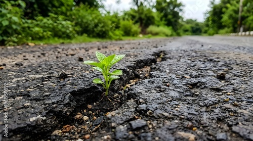 A small green plant grows through a crack in a dark gray asphalt road