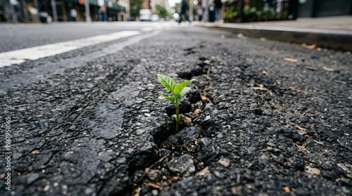 A small green plant grows through a crack in a dark grey asphalt road