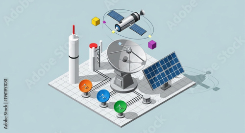 Isometric Satellite Communication System with Rocket and Solar Panel.