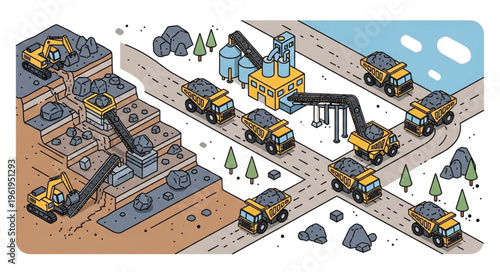Isometric Coal Mining Operation with Trucks and Conveyor Belt.