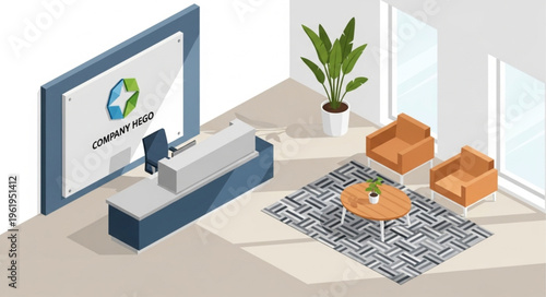 Isometric Reception Area with Modern Design and Waiting Lounge.