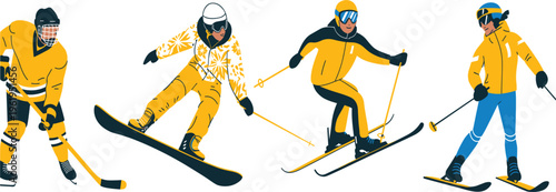 Set of winter sports athletes with hockey player, snowboarder and skiers isolated on white background