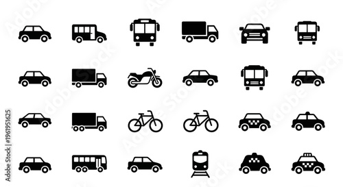 Diverse Vehicle Icons Set: Cars, Buses, Trucks, Bikes, Taxis, Train