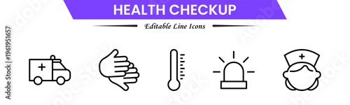 Health checkup icons depicting medical exams, diagnostics, stethoscope, heartbeat, clinic, doctor consultation, tests, reports, wellness, prevention, monitoring, screening, healthcare, and appointment