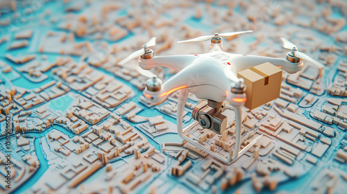 White delivery drone carrying a cardboard package flying over a stylized urban city map representing futuristic logistics and automated shipping technology for ecommerce and fast parcel transport