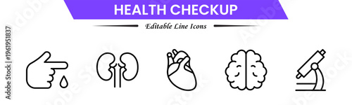 Health checkup icons depicting medical exams, diagnostics, stethoscope, heartbeat, clinic, doctor consultation, tests, reports, wellness, prevention, monitoring, screening, healthcare, and appointment