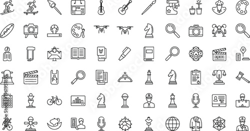 Creative hobby education and entertainment icon set with music art photography chess reading sports tools activities symbols collection