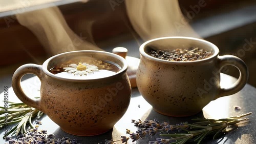 Two Rustic Clay Mugs Steam in Warm Morning Light.