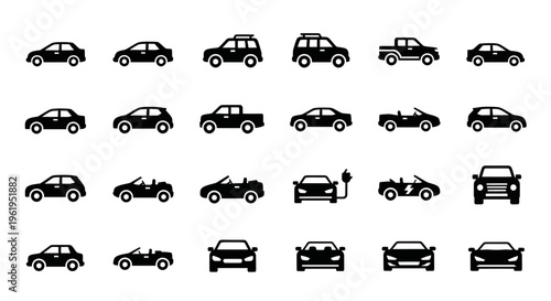 Diverse Car Icons Collection: Modern Vehicles, SUVs, Sedans, Sports Cars, and Trucks
