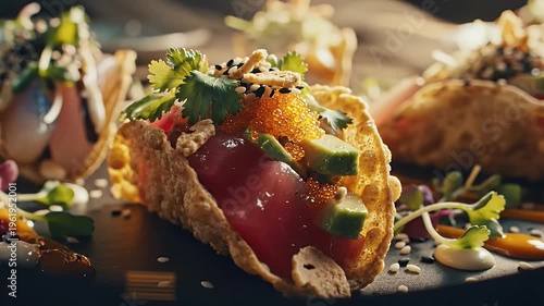 Vibrant Gourmet Tacos With Crispy Shells And Colorful Garnish.