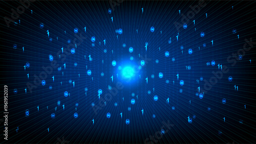 Abstract blue background of digital binary data flowing through a high speed fiber optic quantum network