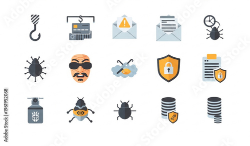 Cyber security phishing vector set with data protection hacker and warning icons