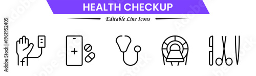 Health checkup icons depicting medical exams, diagnostics, stethoscope, heartbeat, clinic, doctor consultation, tests, reports, wellness, prevention, monitoring, screening, healthcare, and appointment