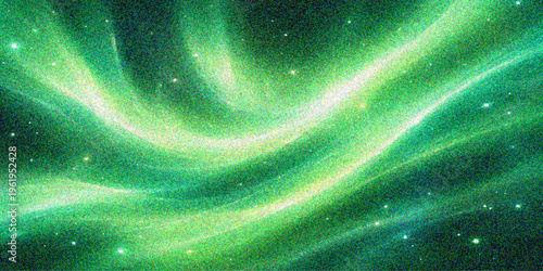 An abstract blue and green background design featuring a swirling vortex of glowing nebula waves and digital starlight across a deep cosmos space illustration