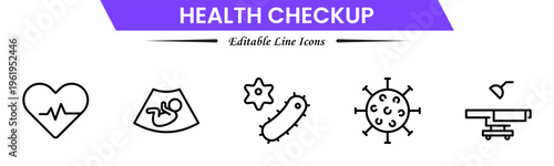 Health checkup icons depicting medical exams, diagnostics, stethoscope, heartbeat, clinic, doctor consultation, tests, reports, wellness, prevention, monitoring, screening, healthcare, and appointment
