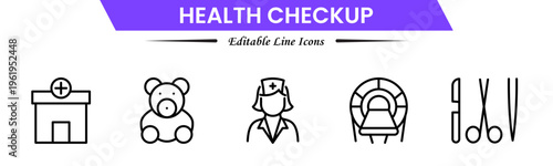 Health checkup icons depicting medical exams, diagnostics, stethoscope, heartbeat, clinic, doctor consultation, tests, reports, wellness, prevention, monitoring, screening, healthcare, and appointment