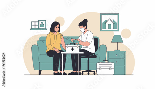 Medical professional administering a vaccine to a patient in a home setting illustration