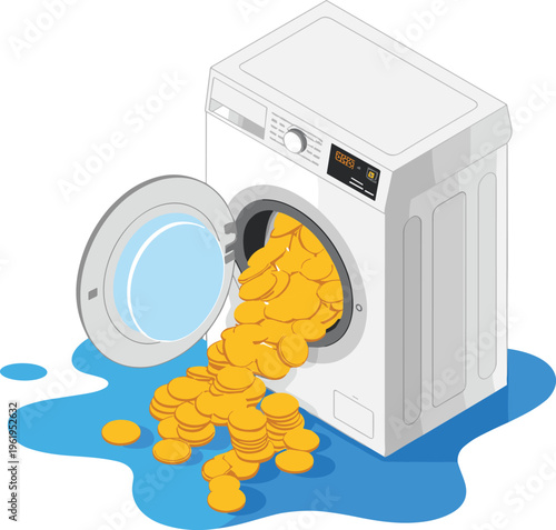 Broken washing machine leaking water and spilling coins symbolizing costly repairs household expenses appliance failure and financial burden concept